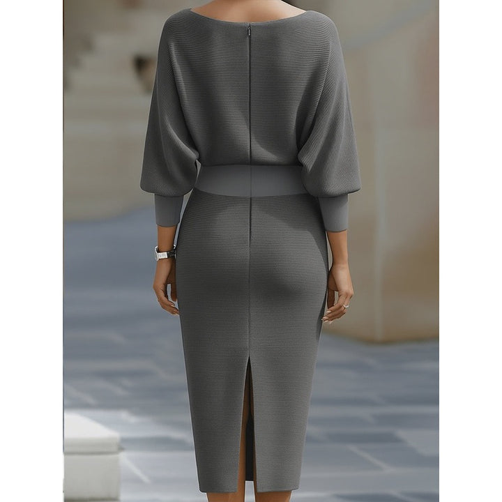 Abito midi donna grigio con spacco posteriore – vista posteriore
