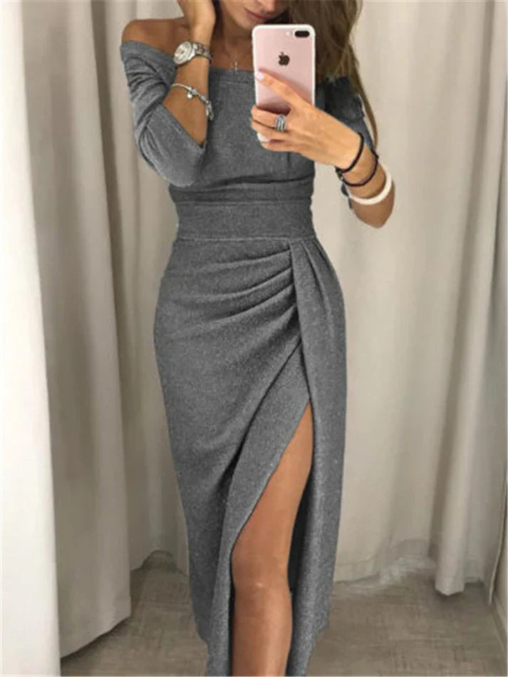 Abito midi da donna con scollo a barca e spacco