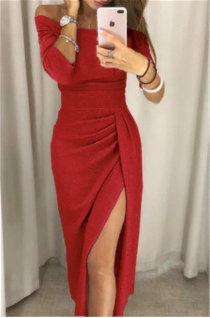 Abito midi da donna con scollo a barca e spacco