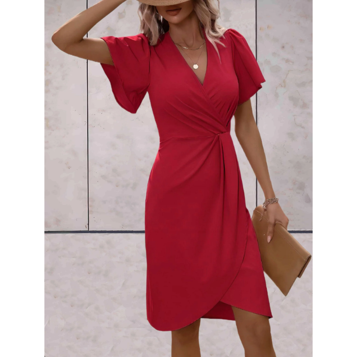Abito midi da donna con volant e scollo incrociato