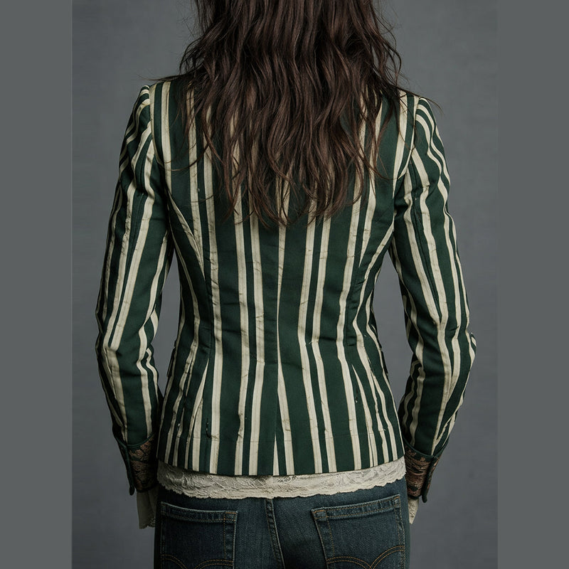 Verde scuro blazer donna a righe stile boho – vista 2