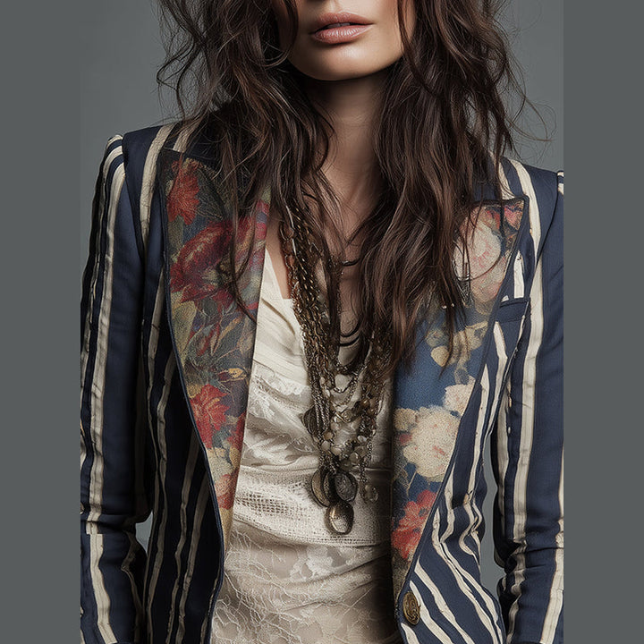 Blu navy blazer donna a righe stile boho – vista 5