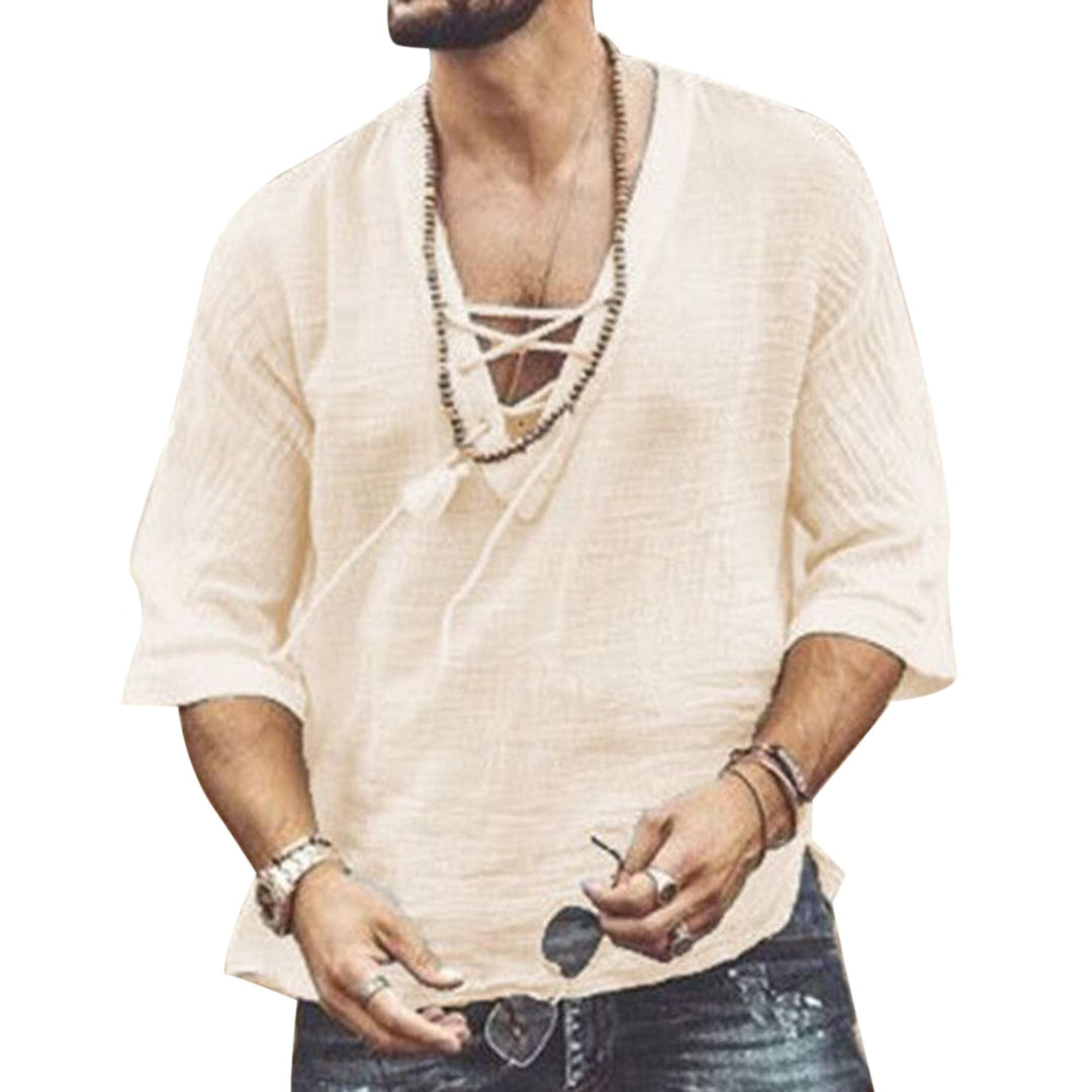 Camicia da uomo con scollo a V e lacci per uso quotidiano