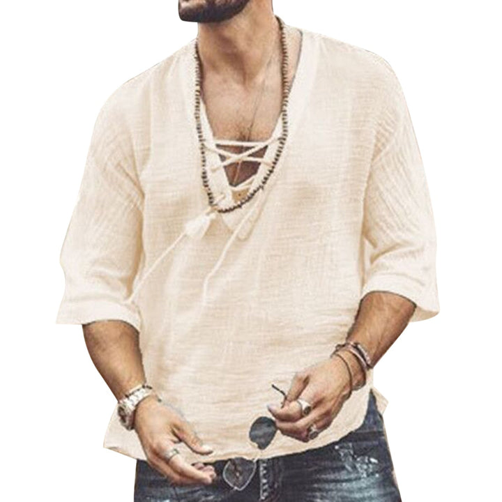 Camicia da uomo con scollo a V e lacci per uso quotidiano