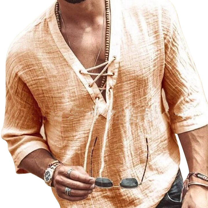 Camicia da uomo con scollo a V e lacci per uso quotidiano 