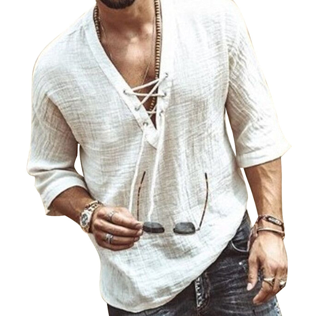 Camicia da uomo con scollo a V e lacci per uso quotidiano