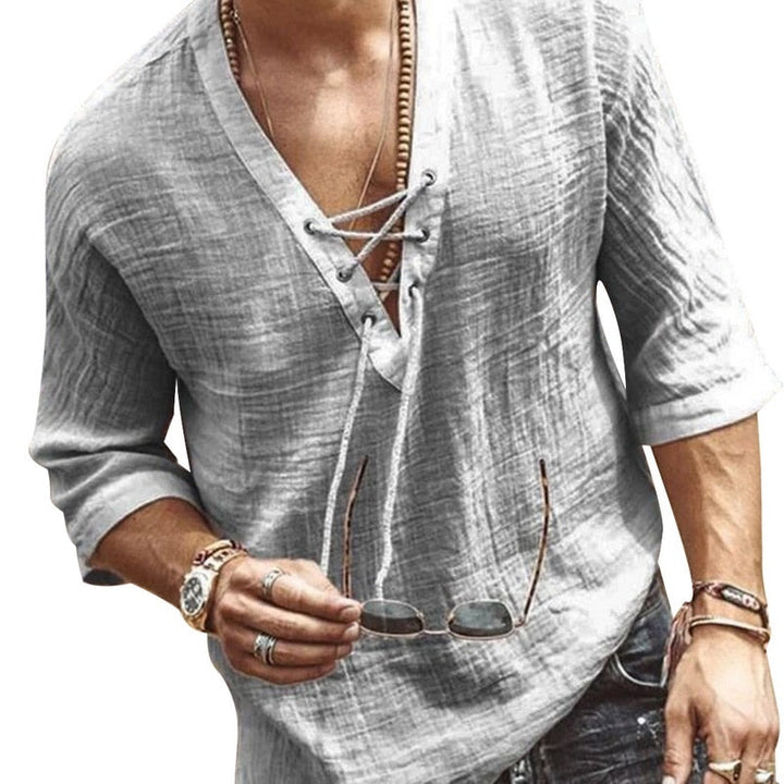 Camicia da uomo con scollo a V e lacci per uso quotidiano