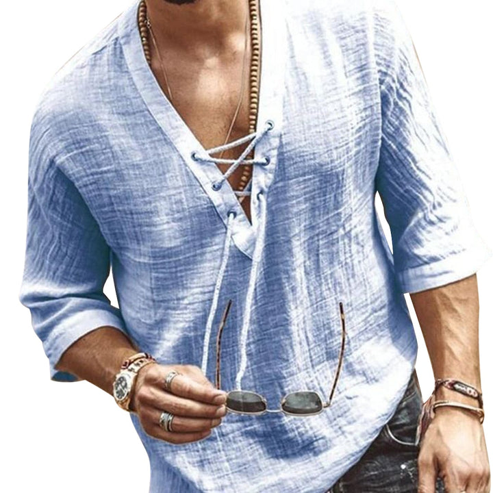 Camicia da uomo con scollo a V e lacci per uso quotidiano