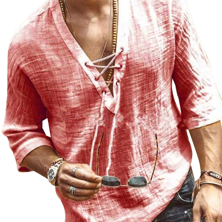 Camicia da uomo con scollo a V e lacci per uso quotidiano