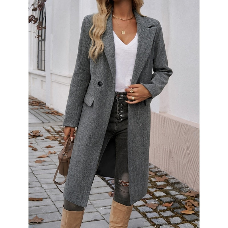 Cappotto lungo sartoriale da donna con revers grigio scuro – vista frontale