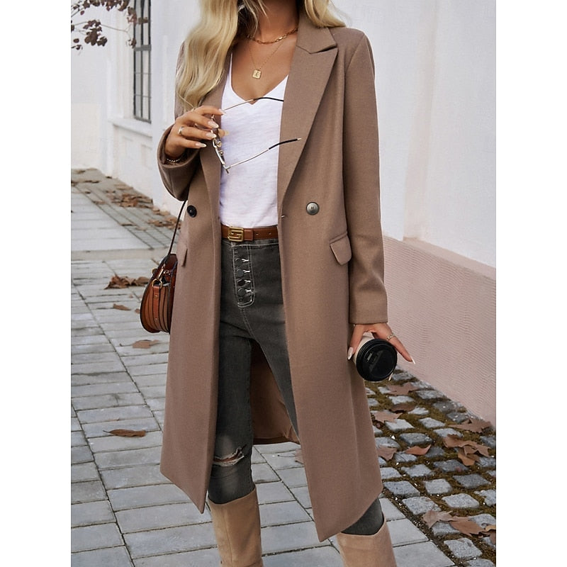 Cappotto lungo sartoriale da donna con revers marrone – con borsa