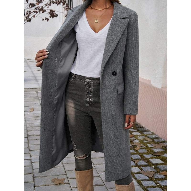 Cappotto lungo sartoriale da donna con revers grigio scuro – con fodera visibile