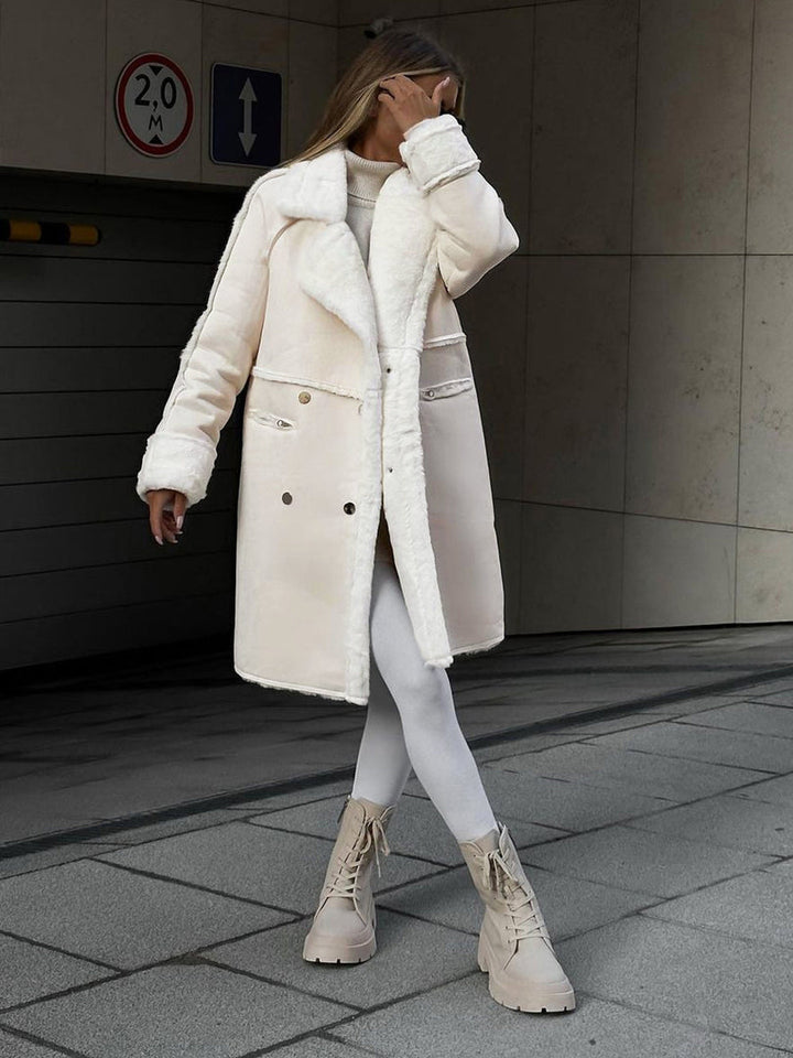 Cappotto donna lungo con bordo effetto pelliccia bianco panna