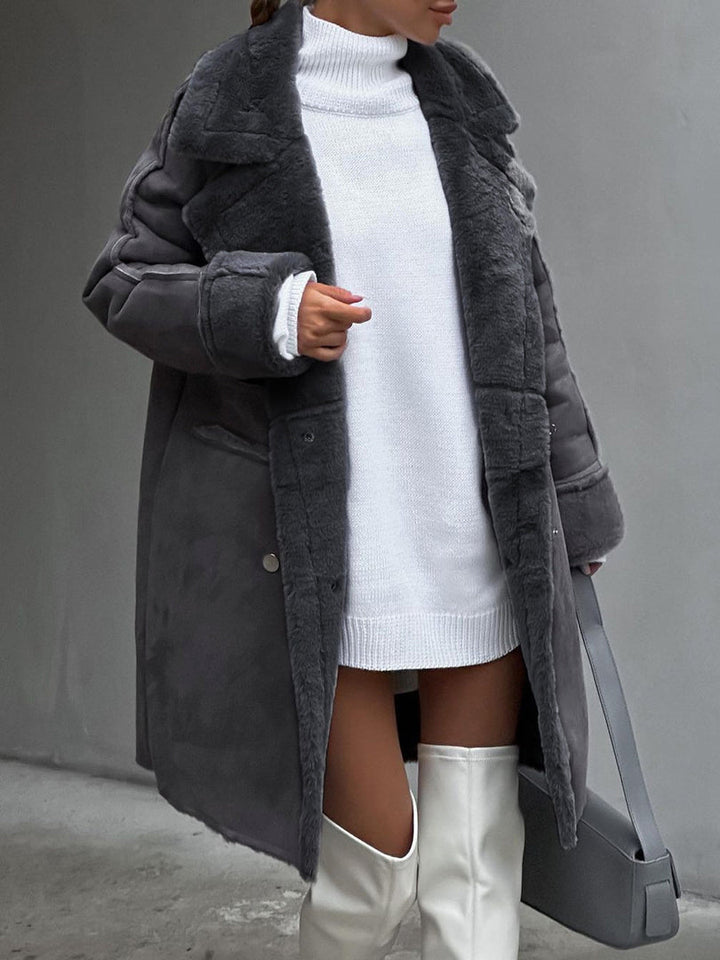 Cappotto donna lungo con bordo effetto pelliccia grigio antracite
