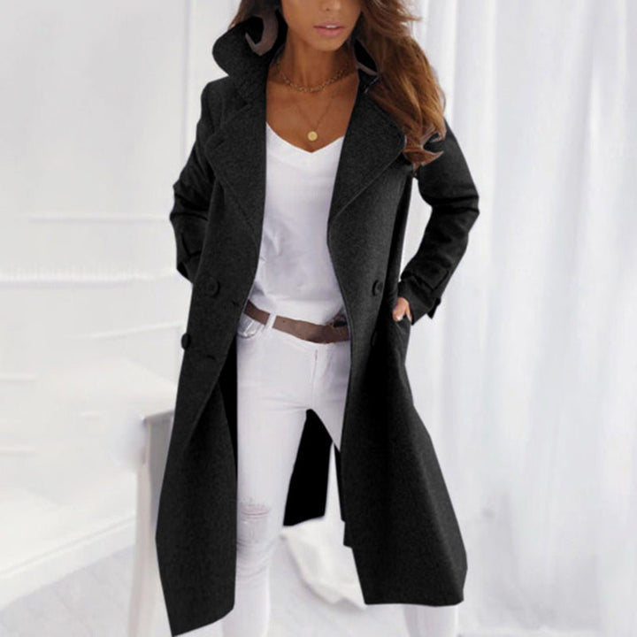 Cappotto lungo da donna con collo a revers nero – vista frontale