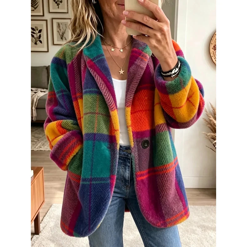 Cappotto a quadri multicolore da donna multicolore – vista frontale indossato