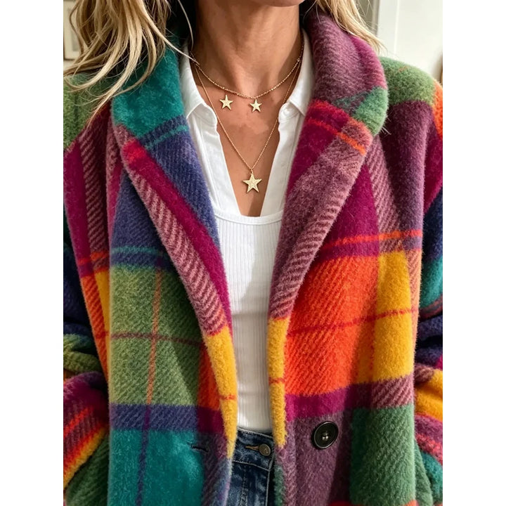 Cappotto a quadri multicolore da donna multicolore – dettaglio del collo a revers