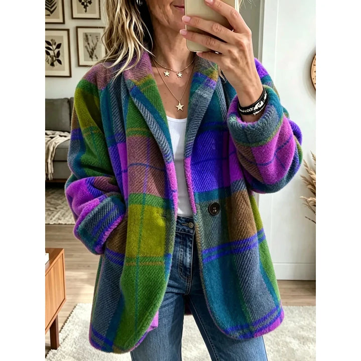 Cappotto a quadri multicolore da donna viola multicolore – vista frontale