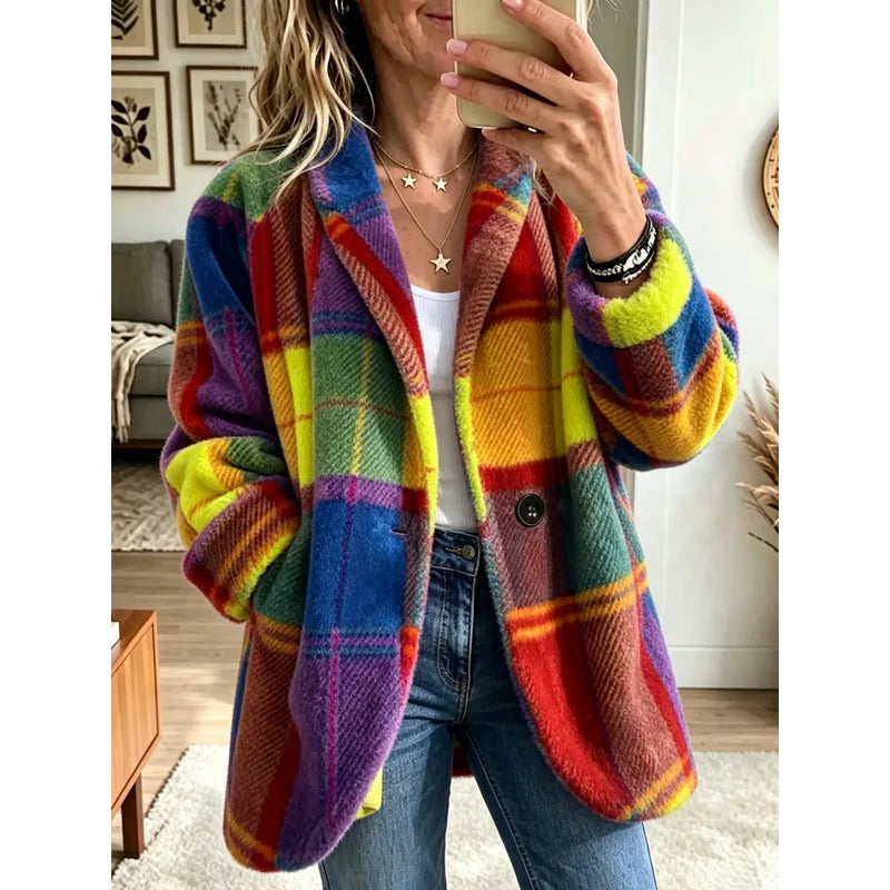 Cappotto a quadri multicolore da donna giallo multicolore – vista frontale
