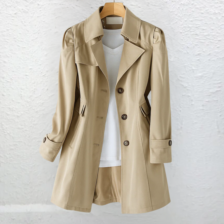 Cappotto da donna cachi con colletto da trench e bottoni – vista frontale