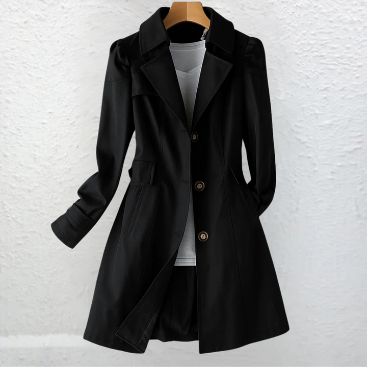 Cappotto da donna nero con colletto da trench e bottoni