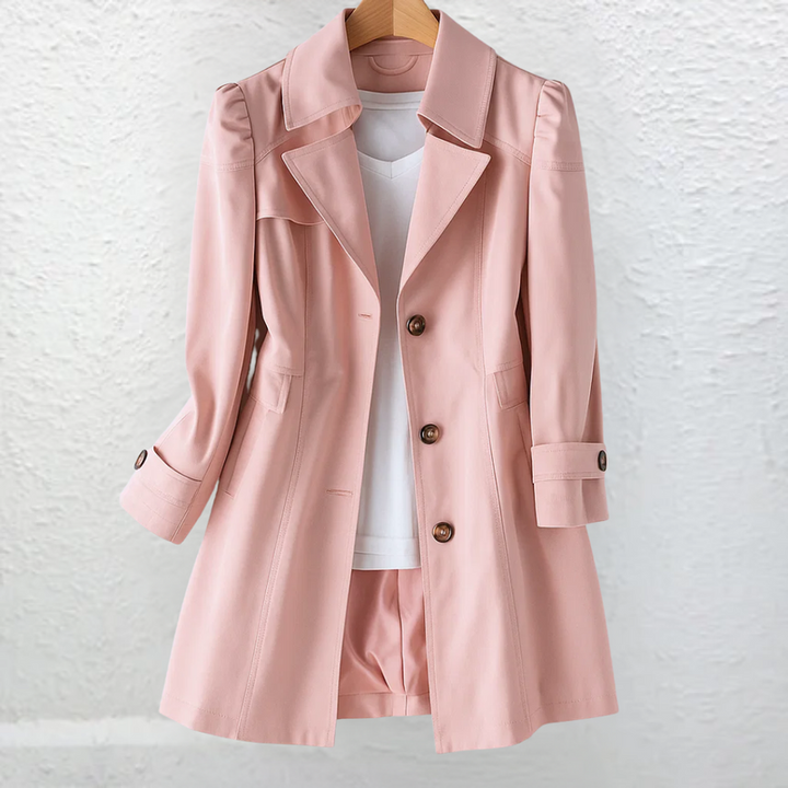 Cappotto da donna rosa con colletto da trench e bottoni