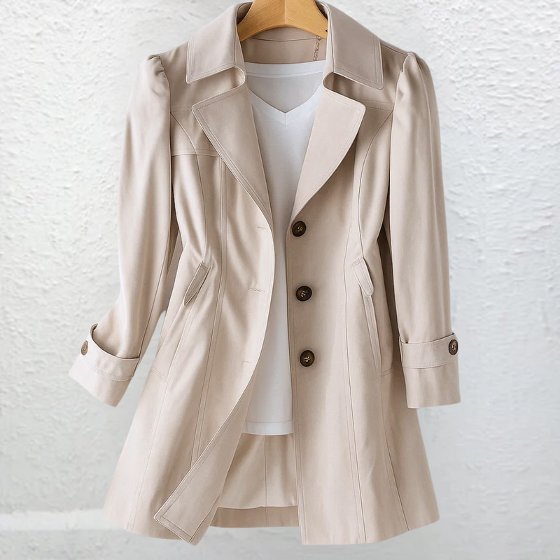 Cappotto da donna beige con colletto da trench e bottoni