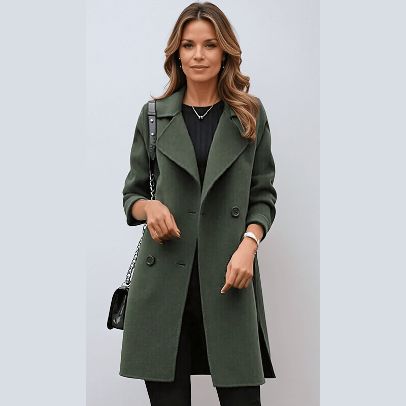 Langer Damen-Dufflecoat mit zweireihiger Knopfleiste und breitem Revers für den Herbst