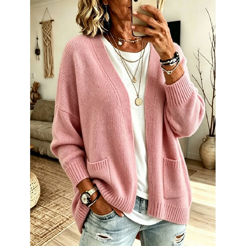 Cardigan aperto da donna con tasche rosa – vista frontale