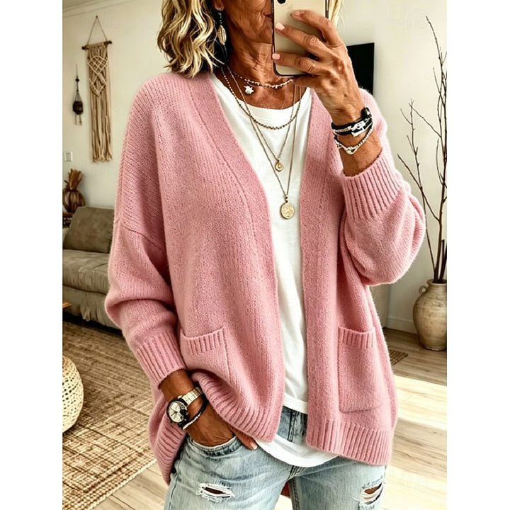 Cardigan aperto da donna con tasche rosa – vista frontale