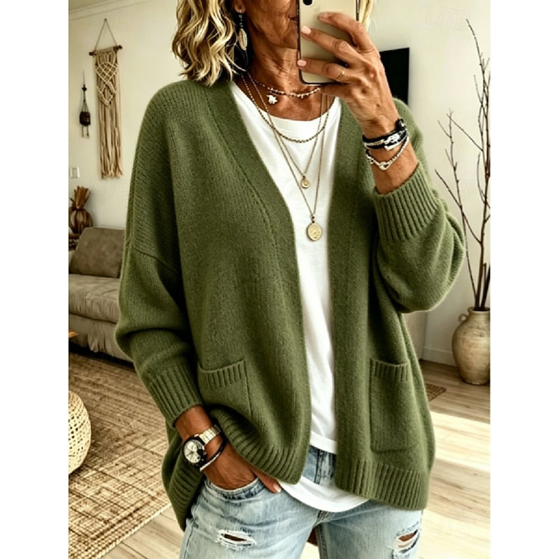 Cardigan aperto da donna con tasche verde – vista frontale