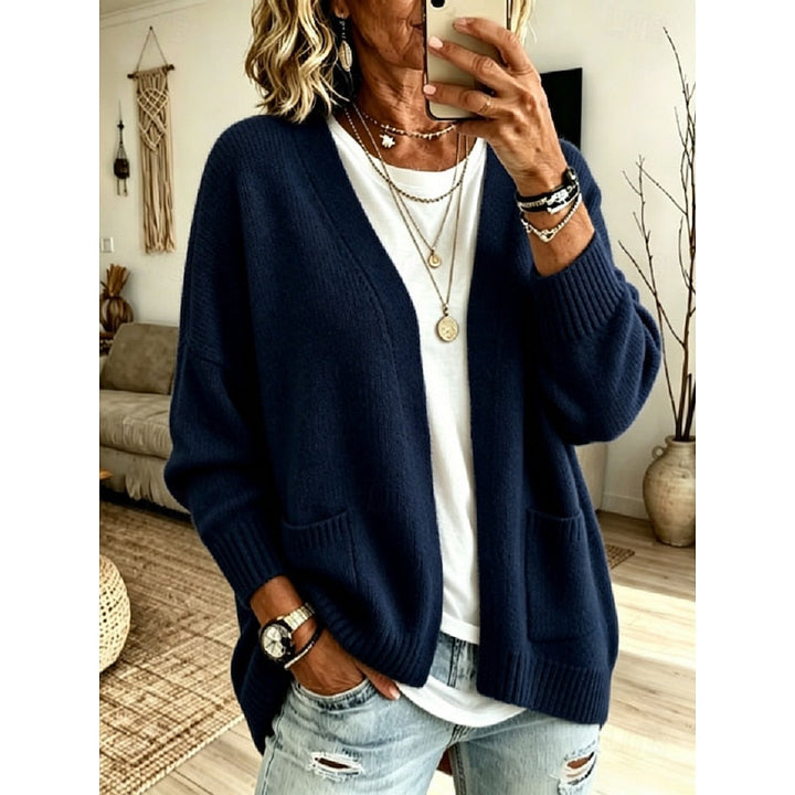 Cardigan aperto da donna con tasche blu navy – vista frontale