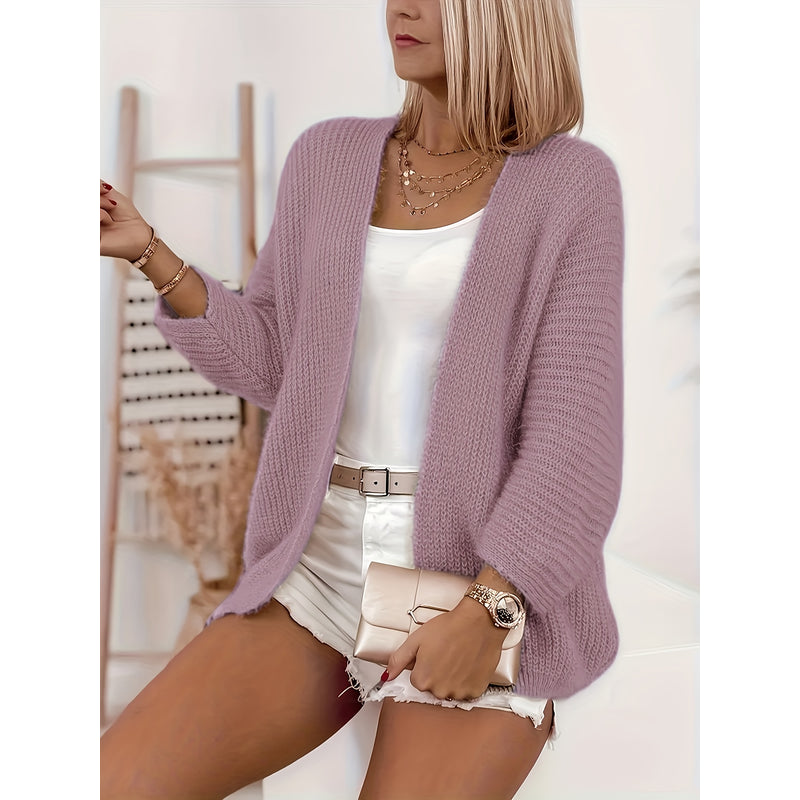 Cardigan aperto da donna dalla linea morbida viola scuro – vista frontale