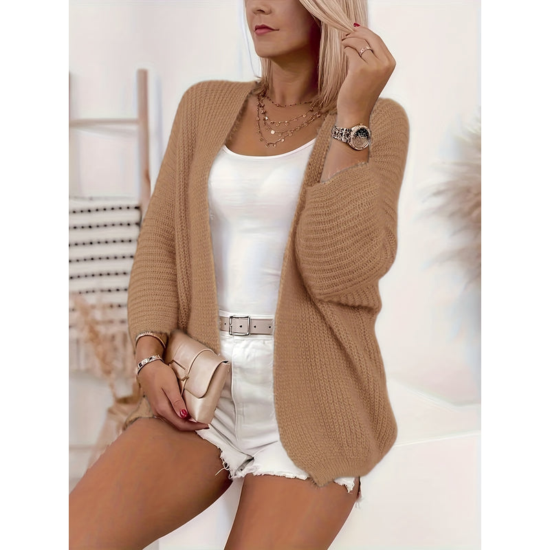 Cardigan aperto da donna dalla linea morbida cammello – vista frontale