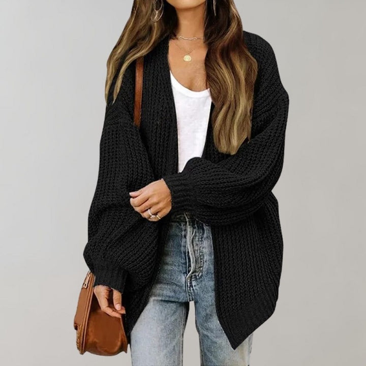 Cardigan donna nero aperto in maglia grossa con maniche ampie