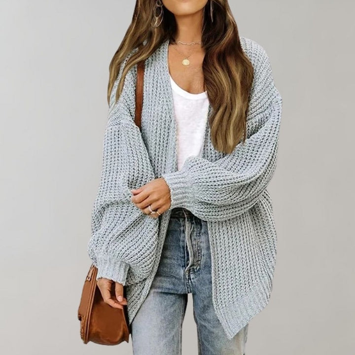 Cardigan donna grigio chiaro in maglia grossa