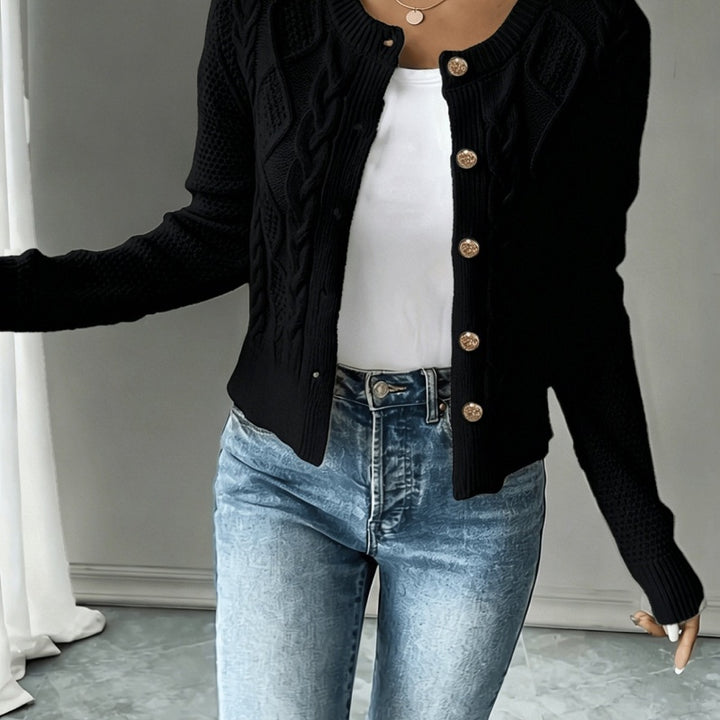 Cardigan corto da donna a trecce con girocollo nero