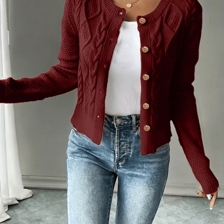 Cardigan corto da donna a trecce con girocollo rosso scuro