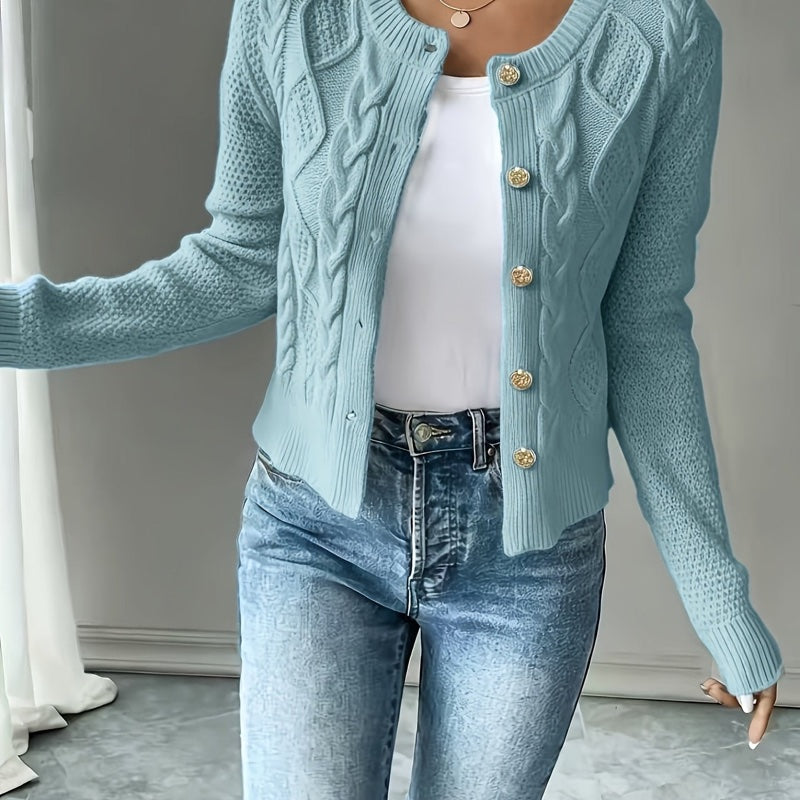 Cardigan corto da donna a trecce con girocollo azzurro