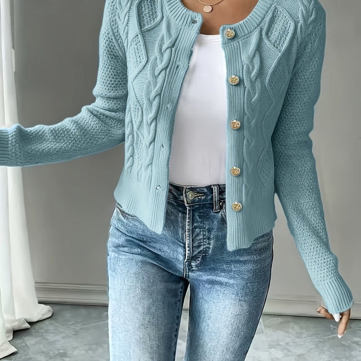 Cardigan corto da donna a trecce con girocollo azzurro