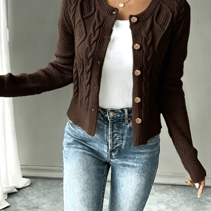 Cardigan corto da donna a trecce con girocollo marrone caffè