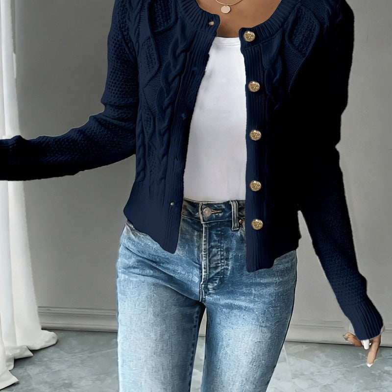 Cardigan corto da donna a trecce con girocollo blu navy
