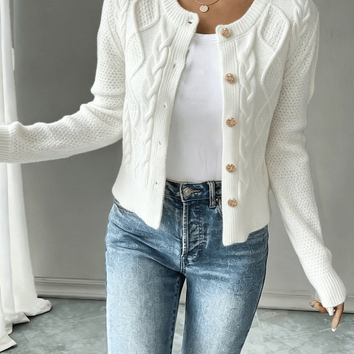 Cardigan corto da donna a trecce con girocollo bianco