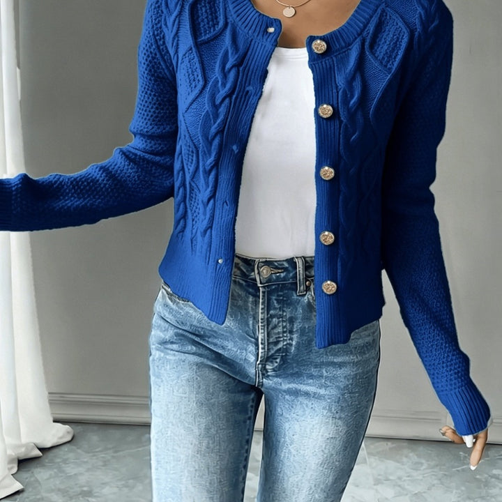 Cardigan corto da donna a trecce con girocollo blu
