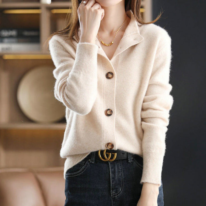 Cardigan corto da donna con colletto e bottoni beige