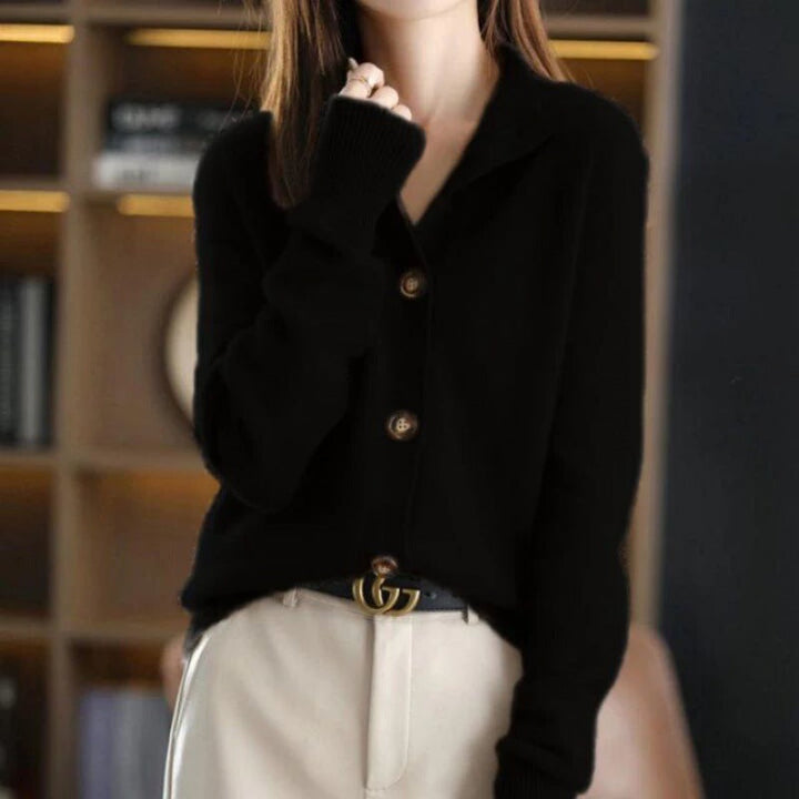 Cardigan corto da donna con colletto e bottoni nero