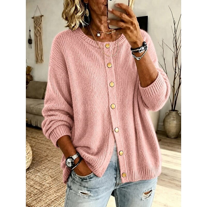Cardigan da donna girocollo con bottoni dorati rosa