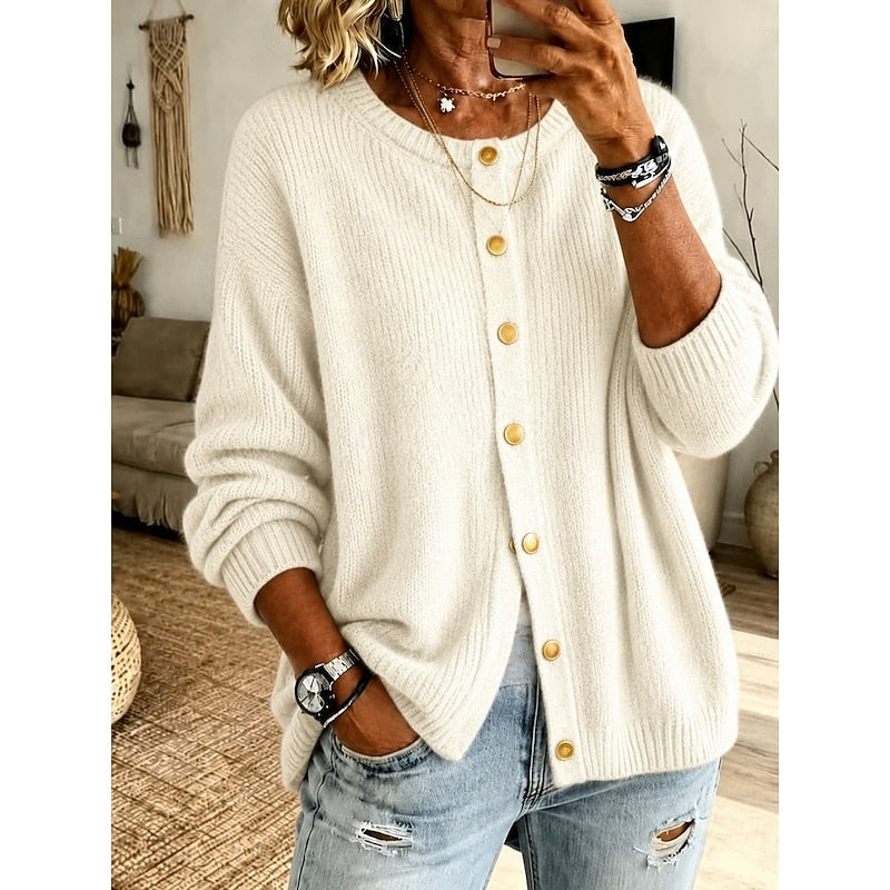 Cardigan da donna girocollo con bottoni dorati beige