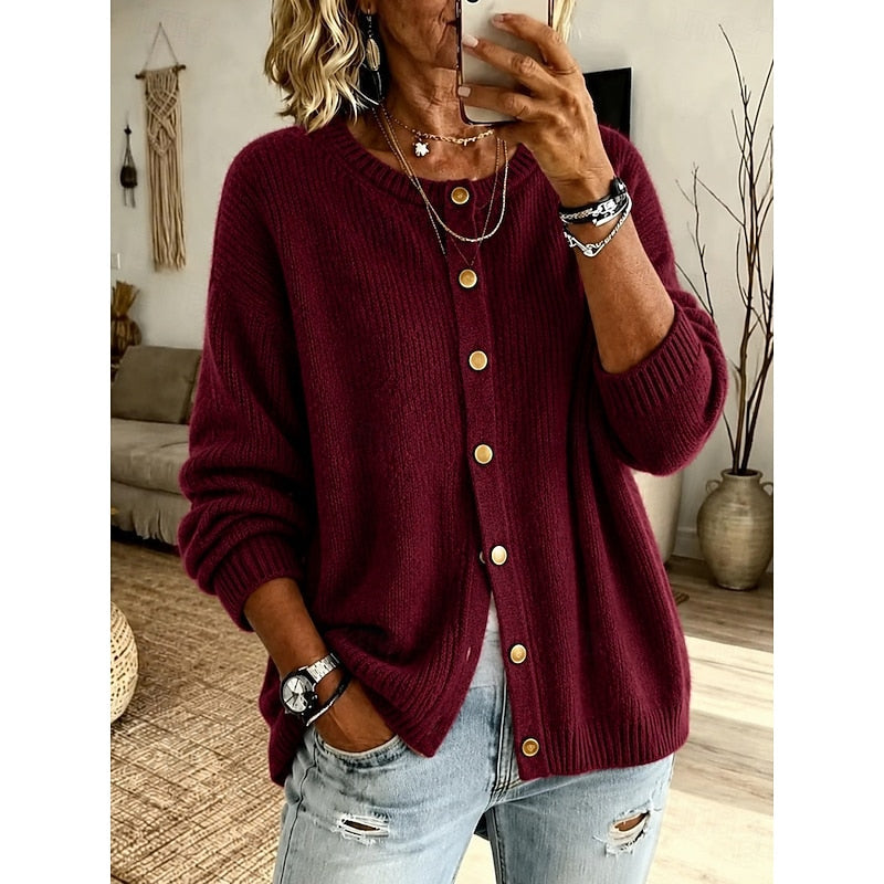 Cardigan da donna girocollo con bottoni dorati rosso