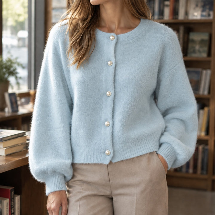 Cardigan donna azzurro girocollo con maniche a sbuffo